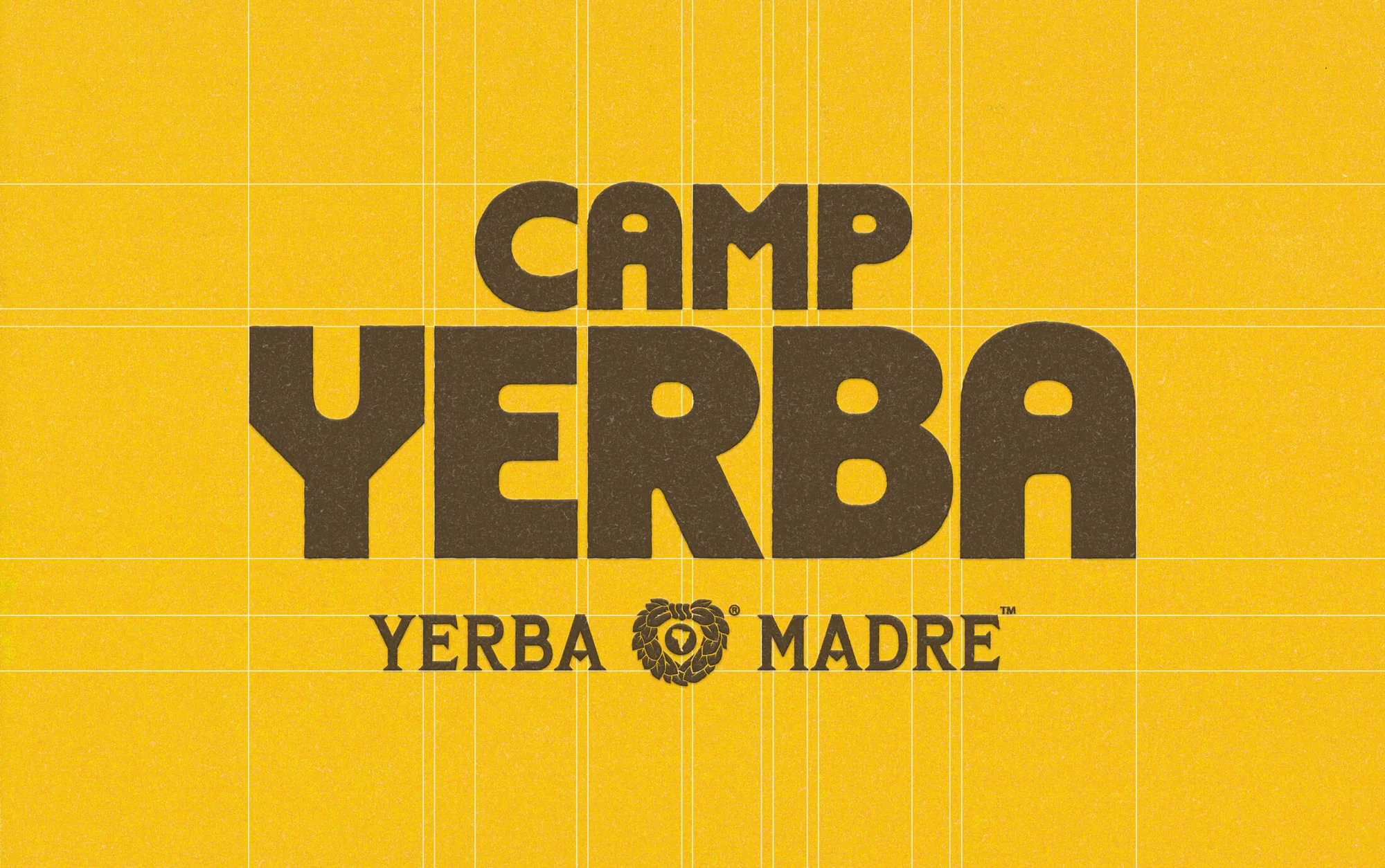 Camp Yerba wordmark in chunky brown letters on golden yellow with the Yerba Madre lockup