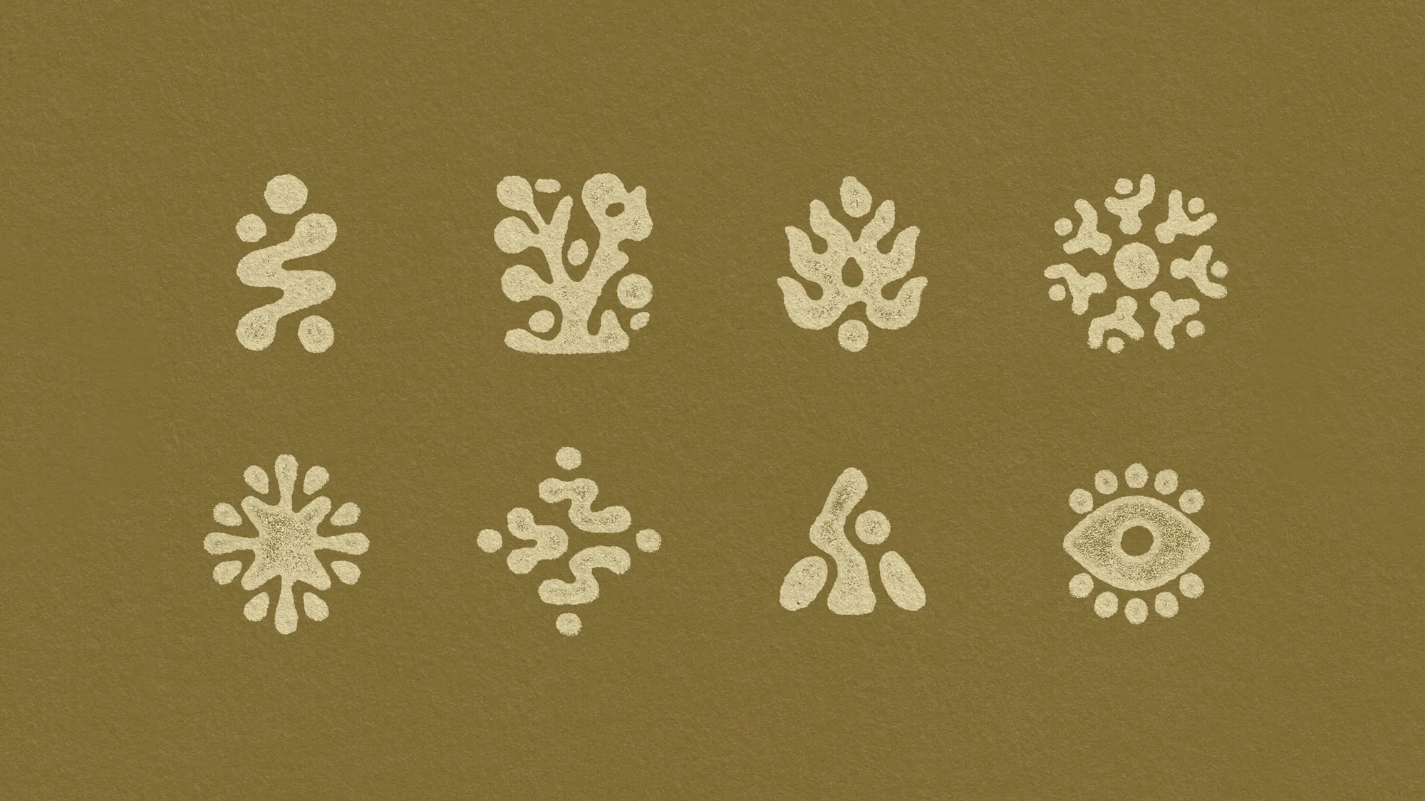 Camp Yerba icon set in cream on olive: sun, mountains, moon, river and plants