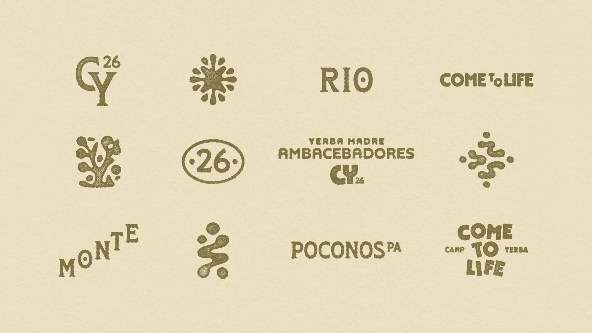 Camp Yerba icons, badges and lettering in olive on cream