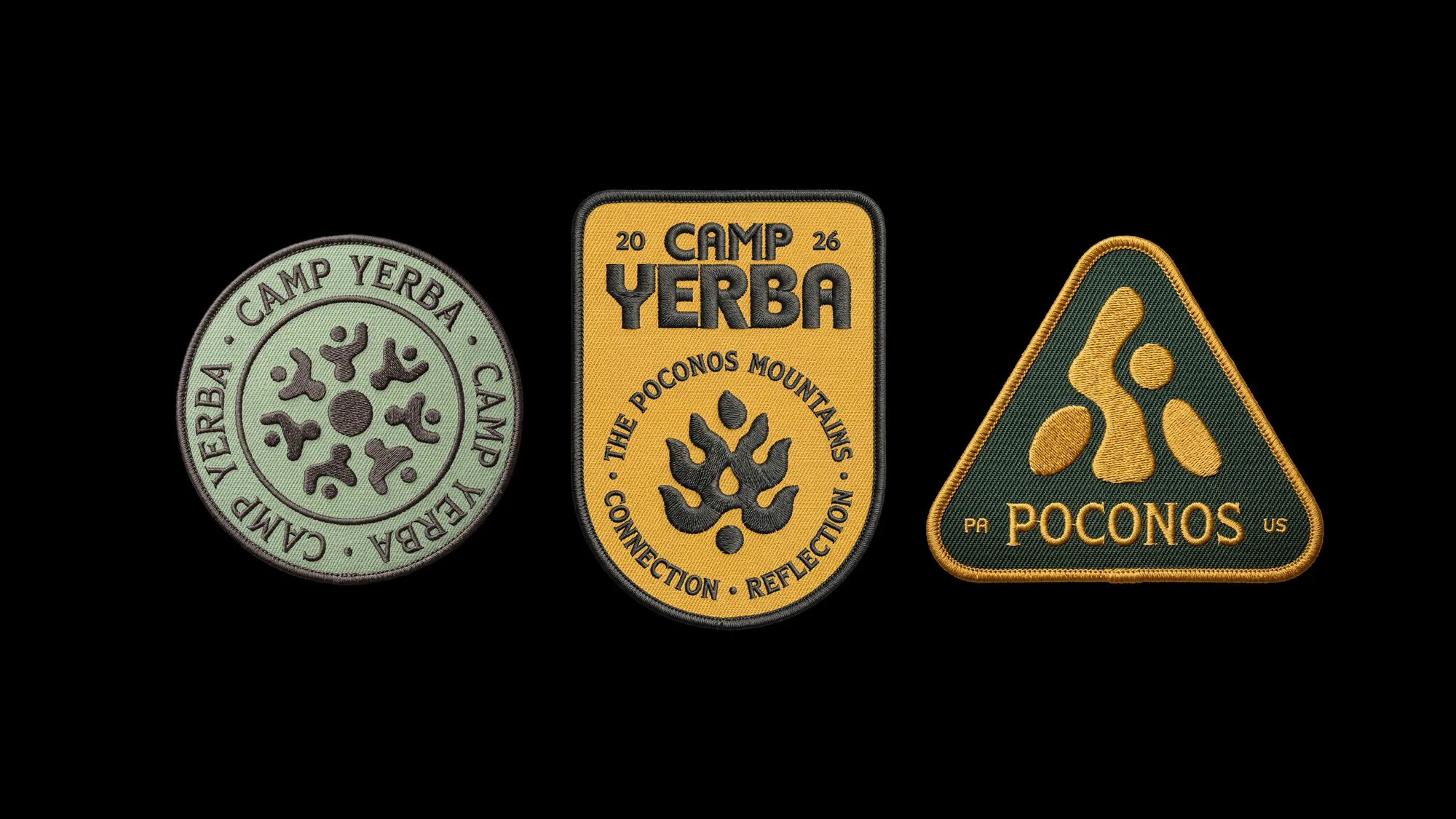 Three Camp Yerba patches: round icon badge, yellow 2026 Poconos crest and green Poconos triangle