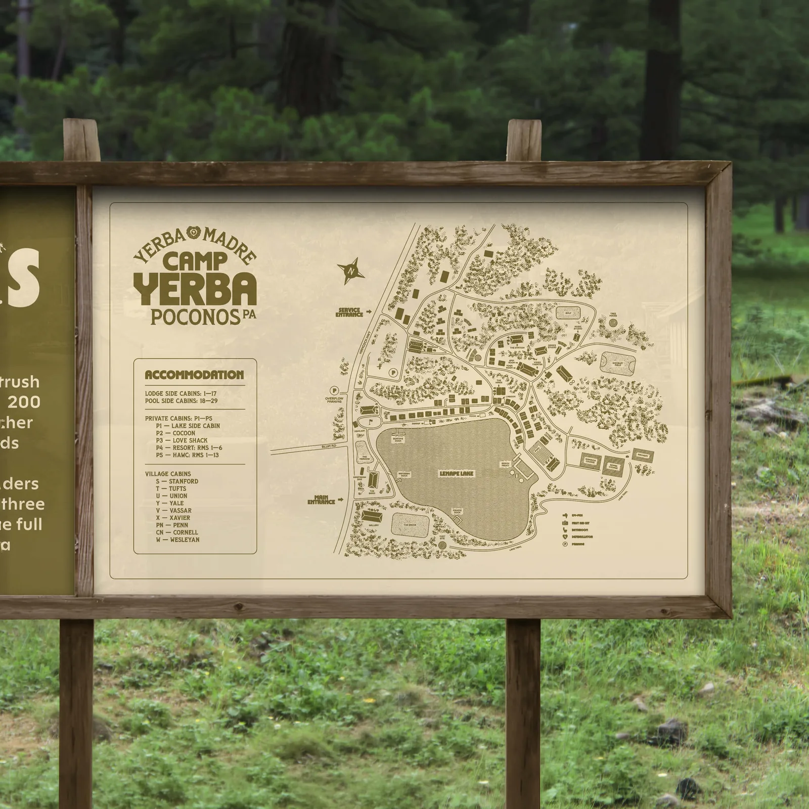 Illustrated Camp Yerba map board with the camp layout and accommodation key