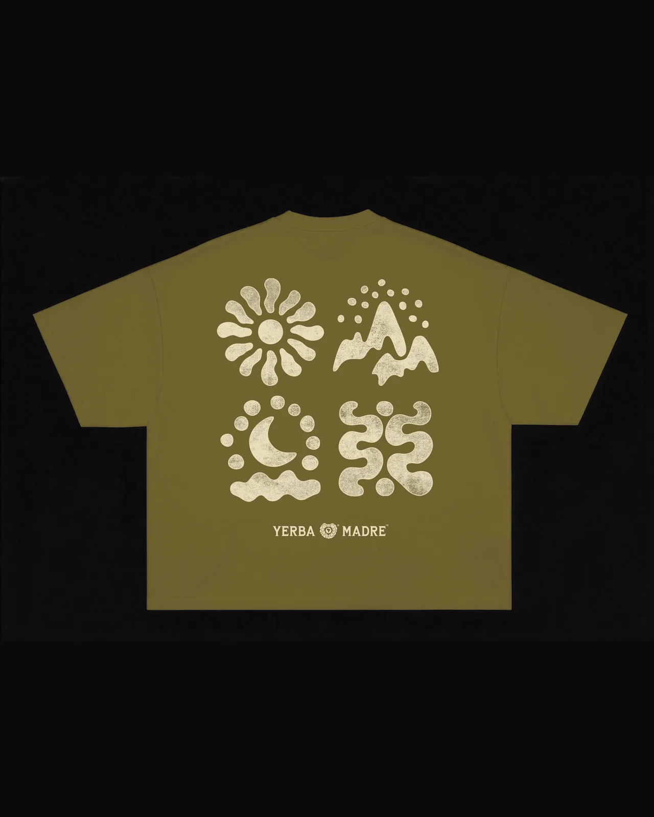 Olive Camp Yerba t-shirt printed with the four house icons