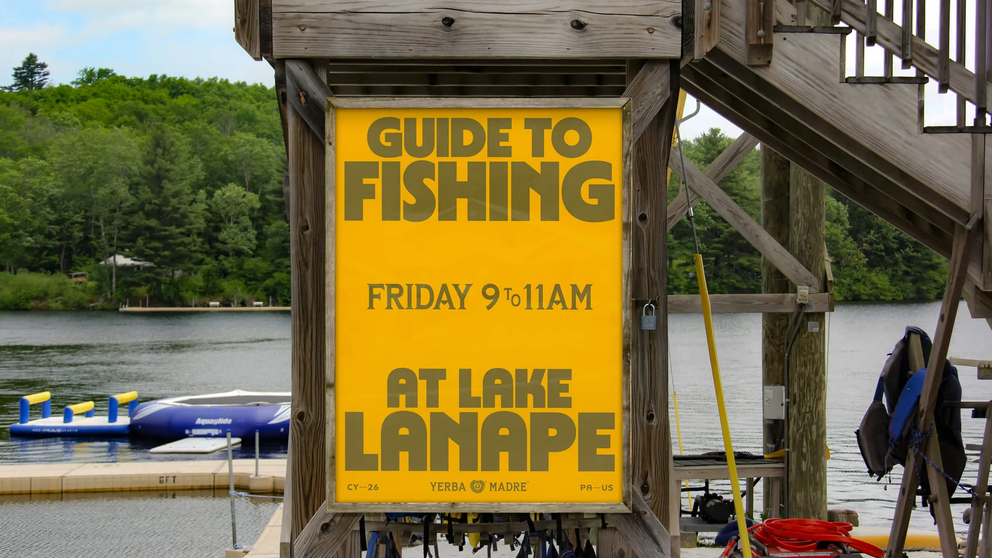 Yellow Guide to Fishing poster for Lake Lanape on the dock