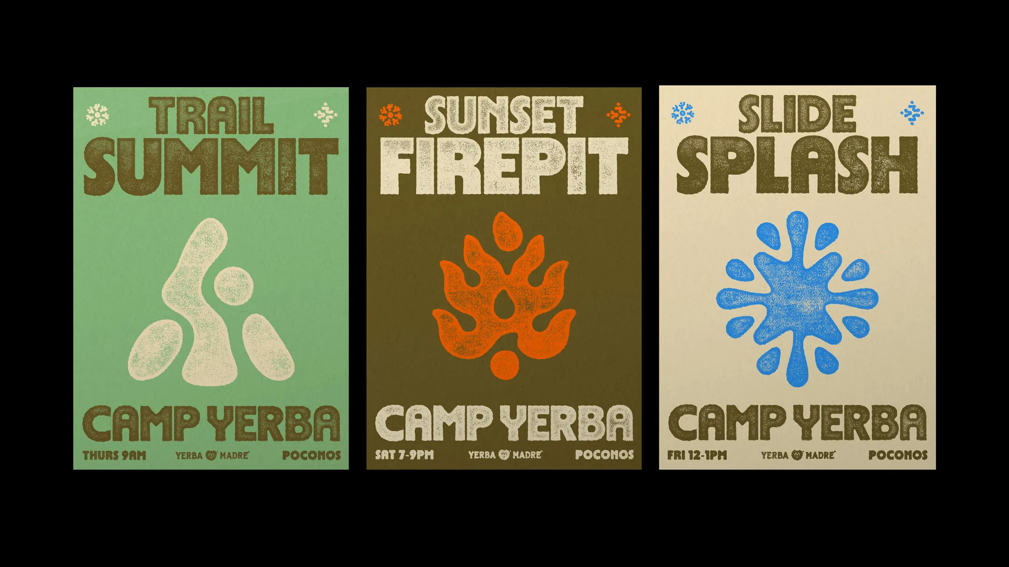 Three Camp Yerba event posters: Trail Summit, Sunset Firepit and Slide Splash