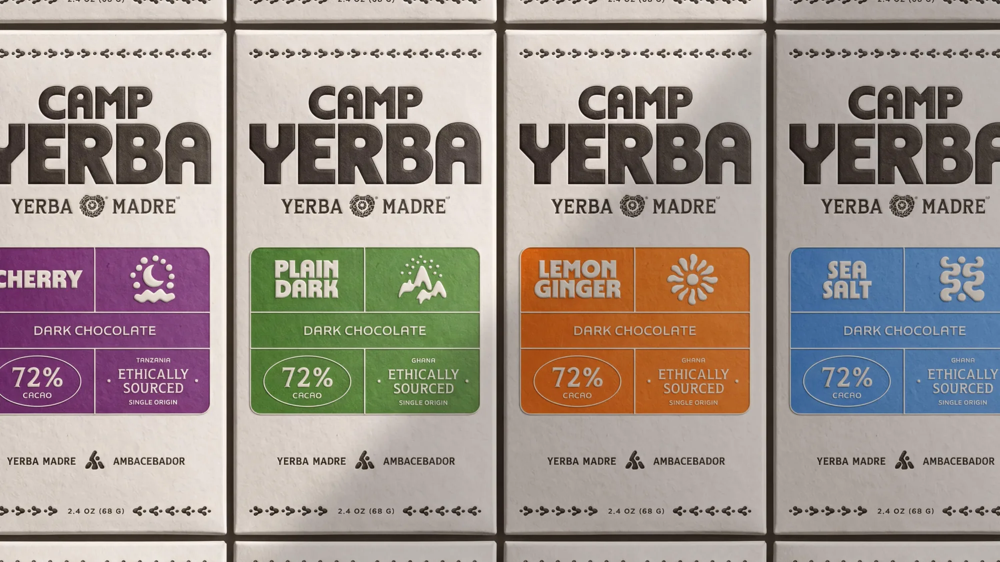 Camp Yerba dark chocolate bars: Cherry, Plain Dark, Lemon Ginger and Sea Salt