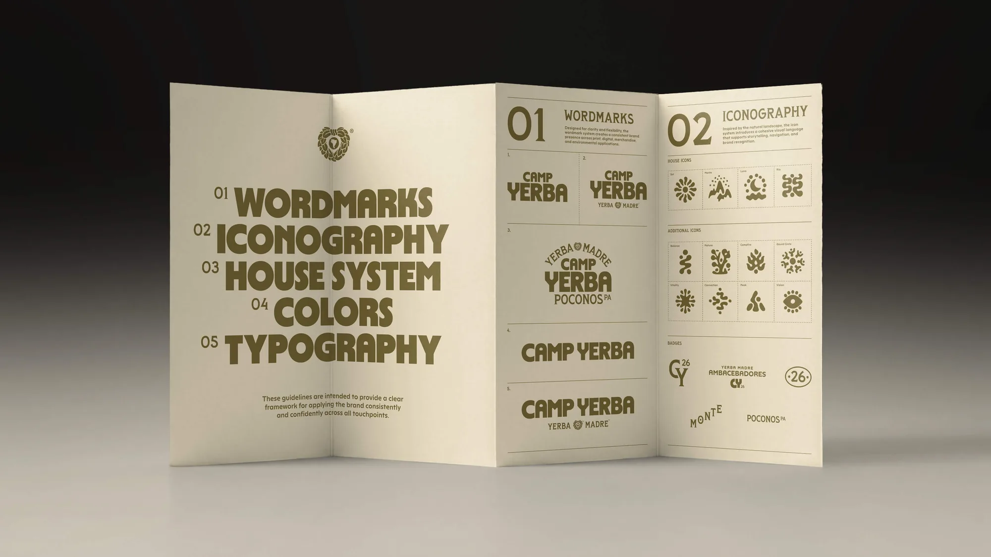 Camp Yerba visual identity guidelines: wordmarks, iconography, house system, colours and typography