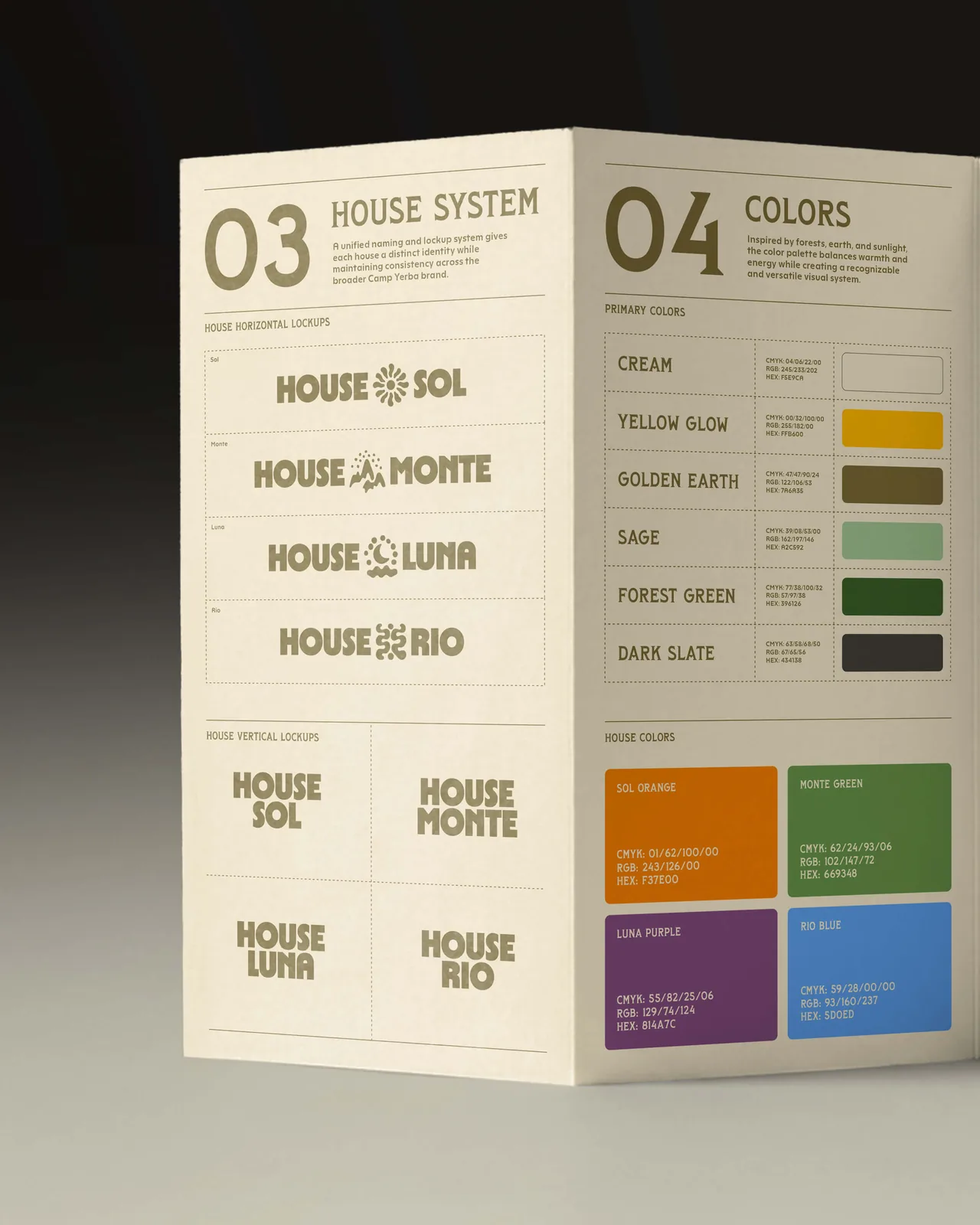 Guidelines spread with the House Sol, Monte, Luna and Rio lockups and the Camp Yerba colour palette