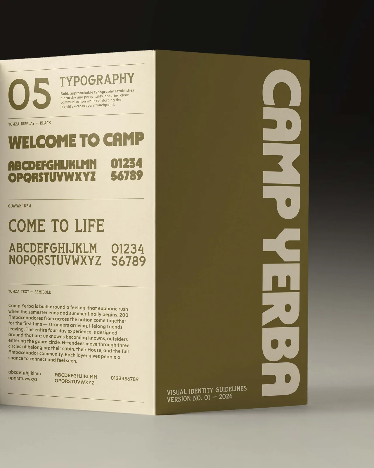 Guidelines typography page with Yowza Display, Guayaki New and Yowza Text next to the olive cover