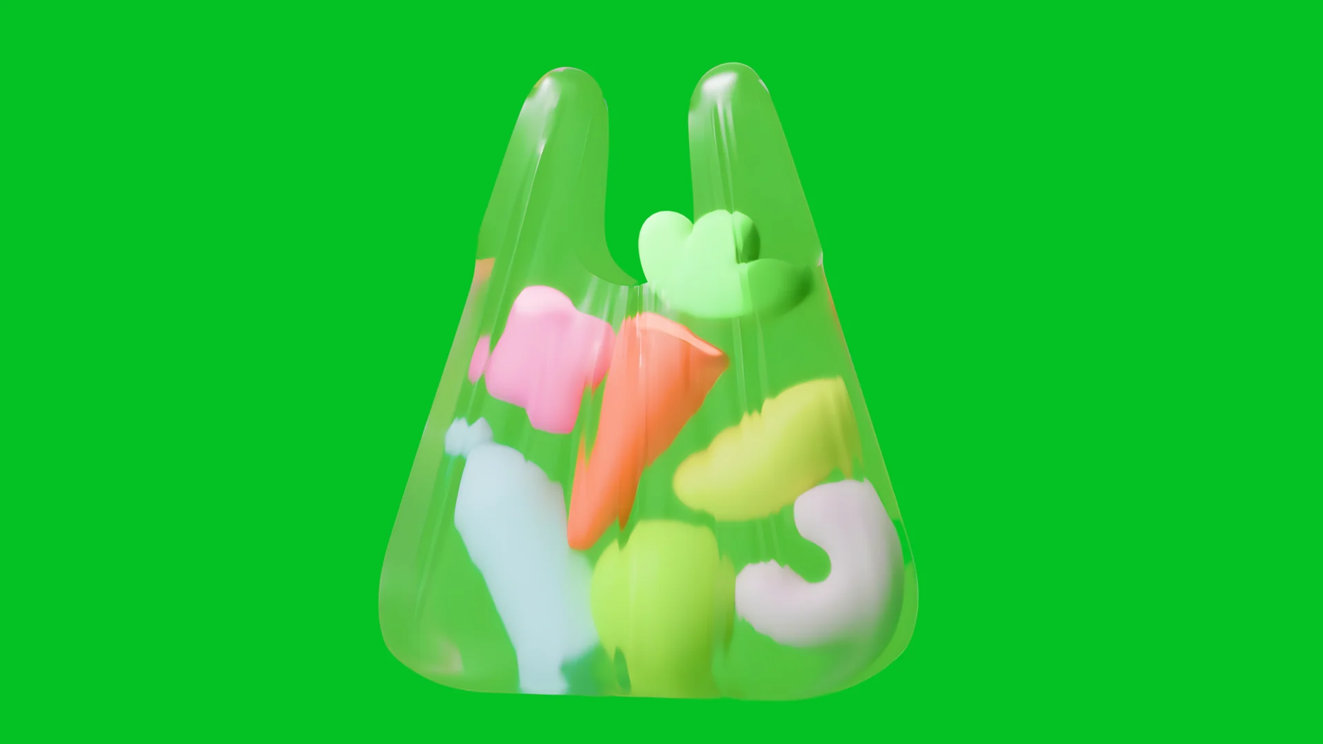 Transparent 3D grocery bag full of abstract products on DailyFood green
