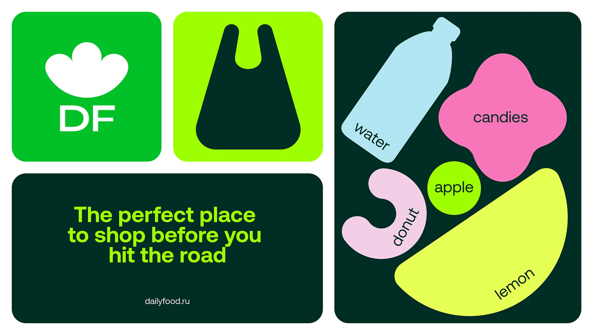 DailyFood DF monogram, bag icon and illustrated product shapes