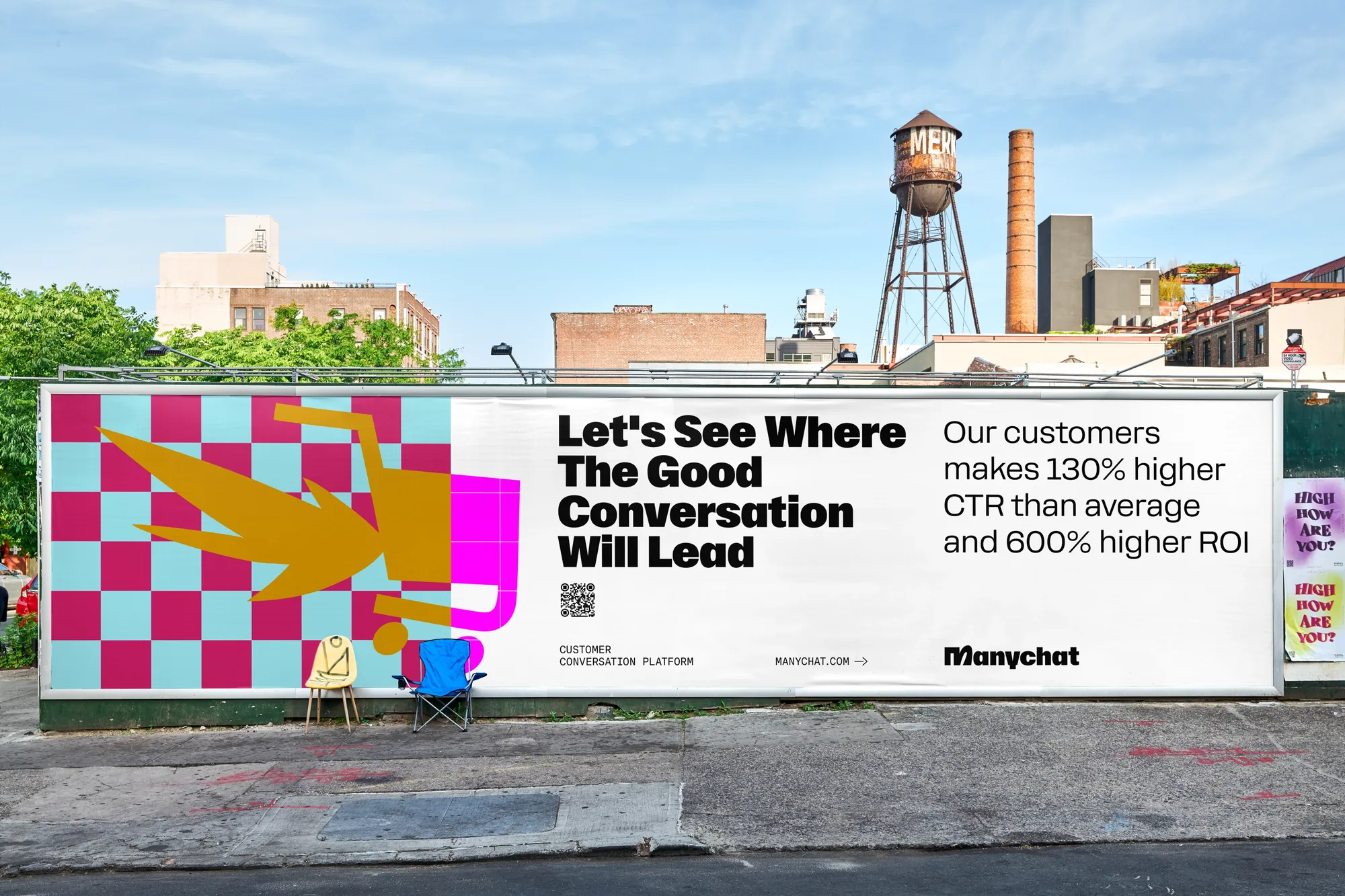 Manychat billboard on a city wall: Let's see where the good conversation will lead