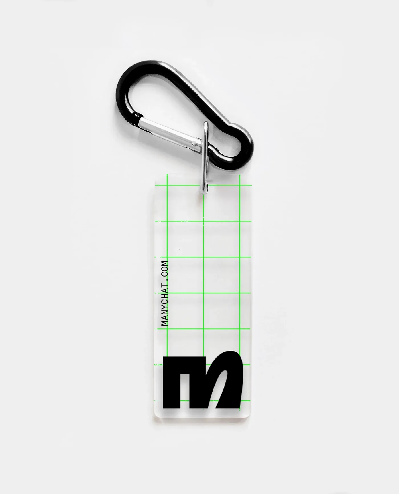 Clear keychain tag with the M monogram