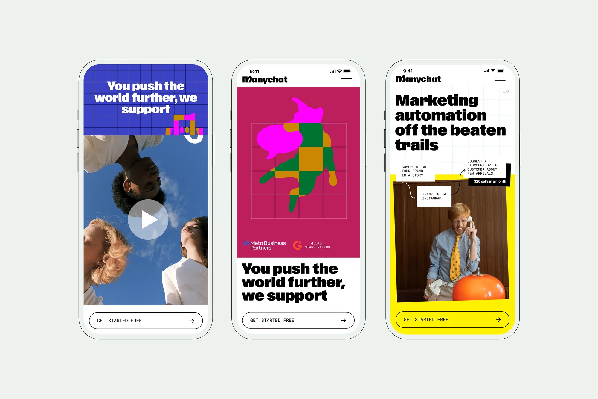 Three mobile pages from the Manychat site