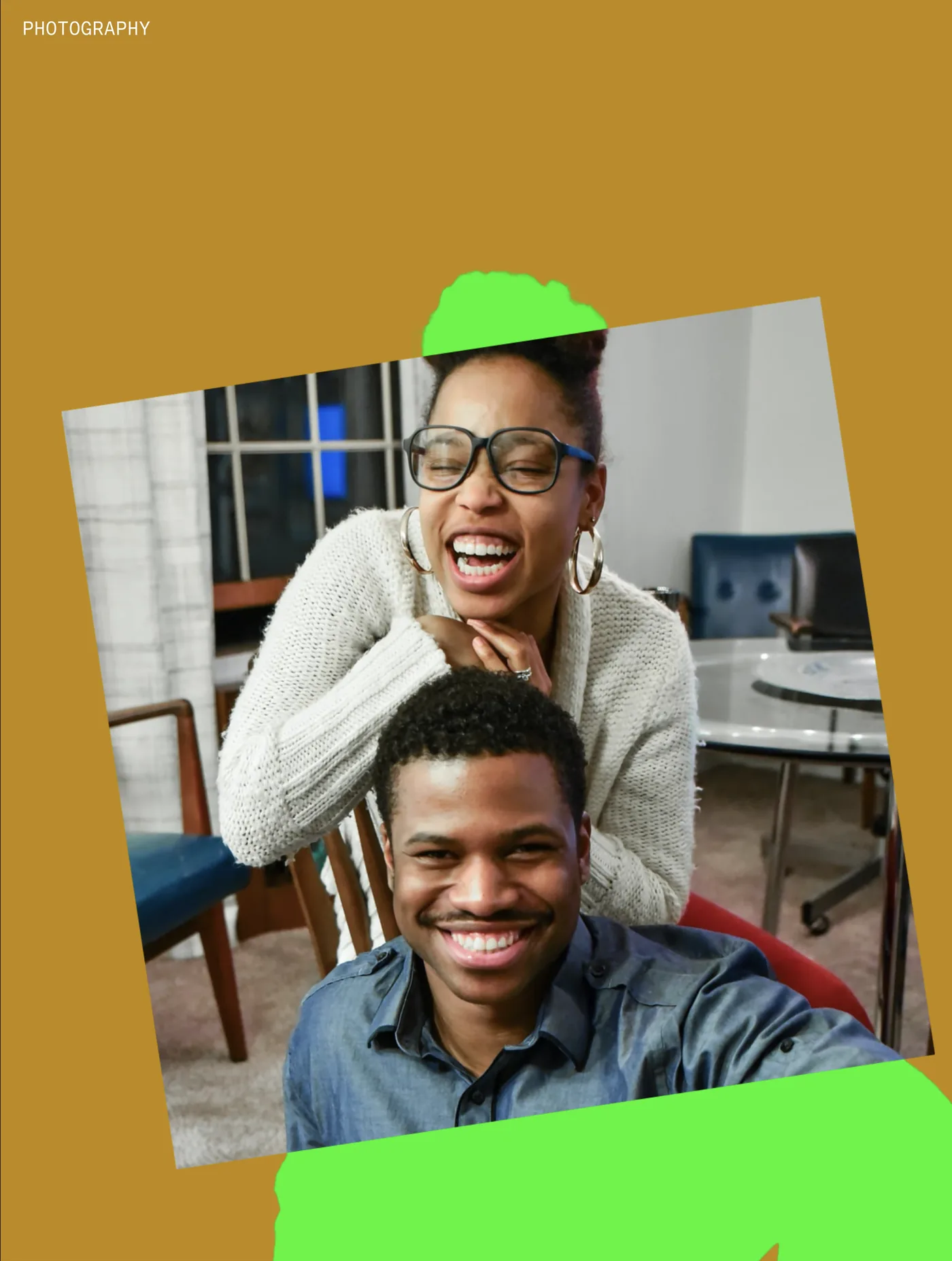 Portrait of two people framed by green shapes