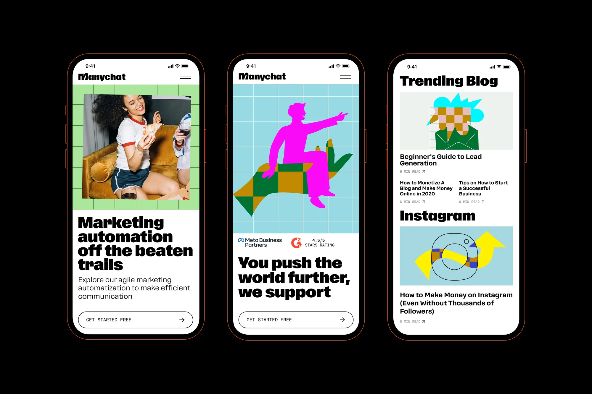 Phone screens from the Manychat blog
