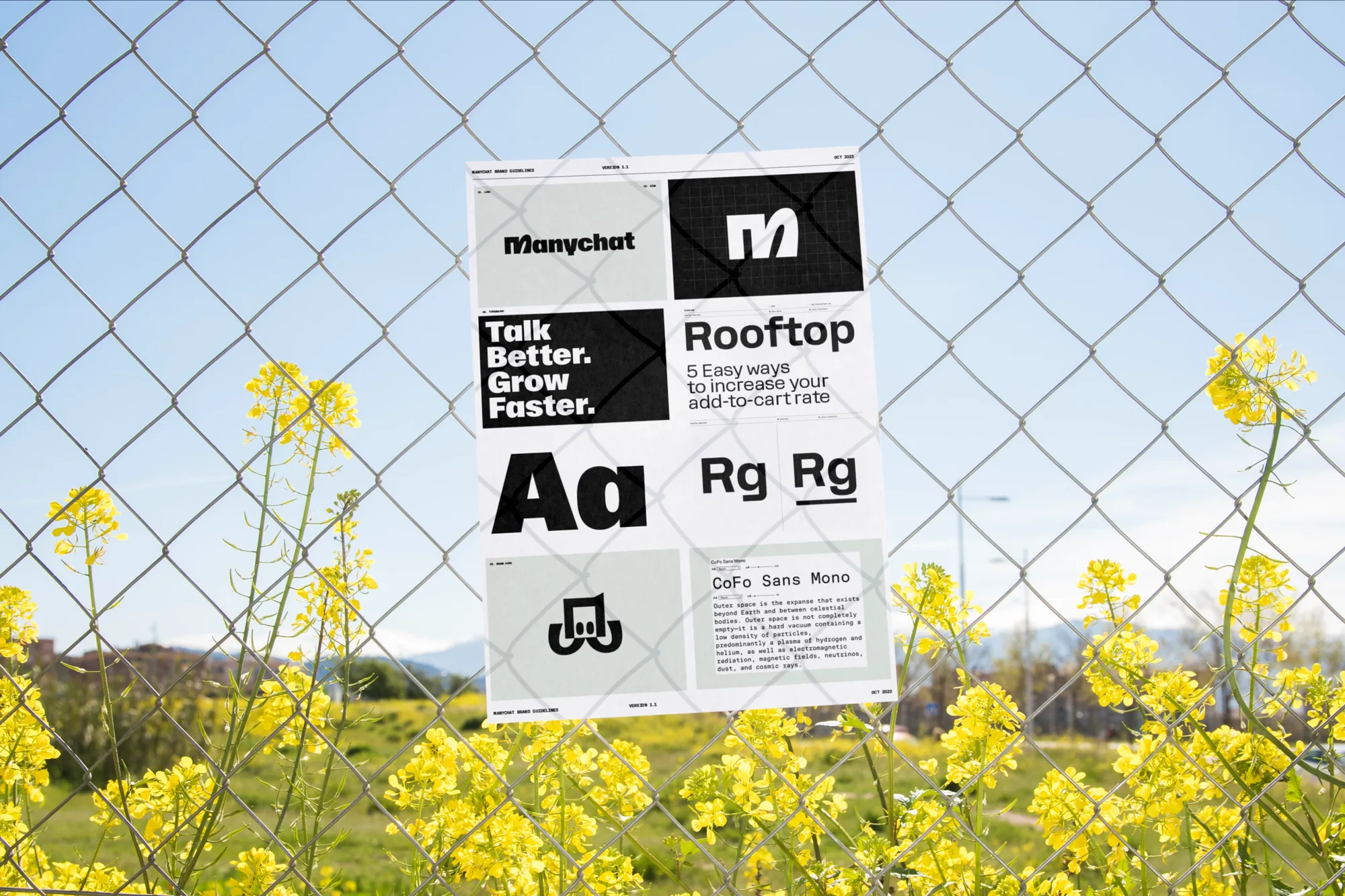 Posters on a fence with the Manychat type, logo and Rooftop specimen