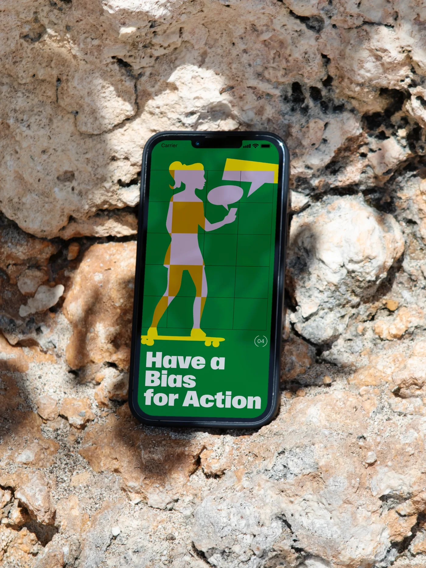 Phone with an illustrated poster: Have a bias for action