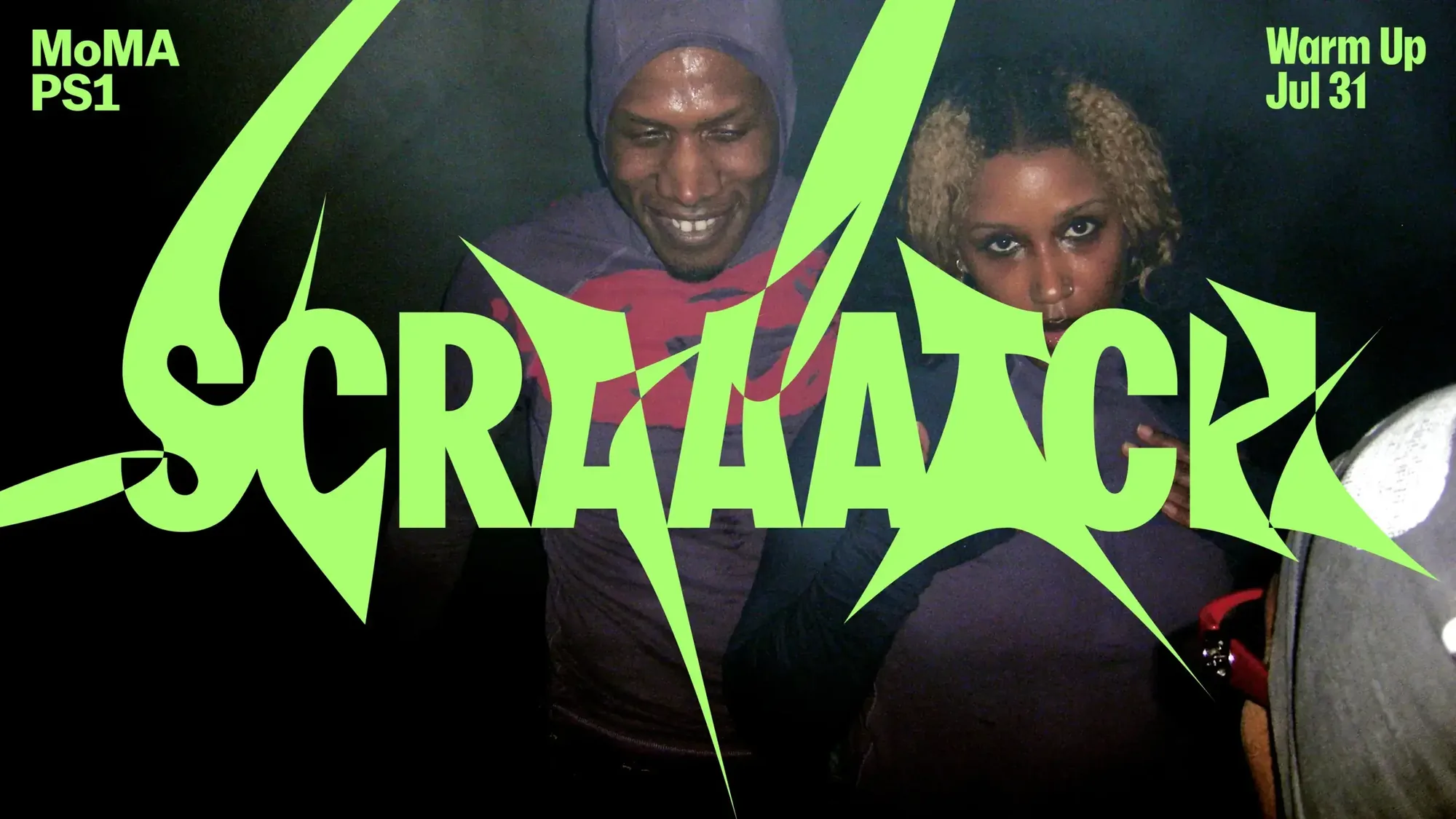 Scraaatch artist graphic in lime with spiky letterforms over a photo
