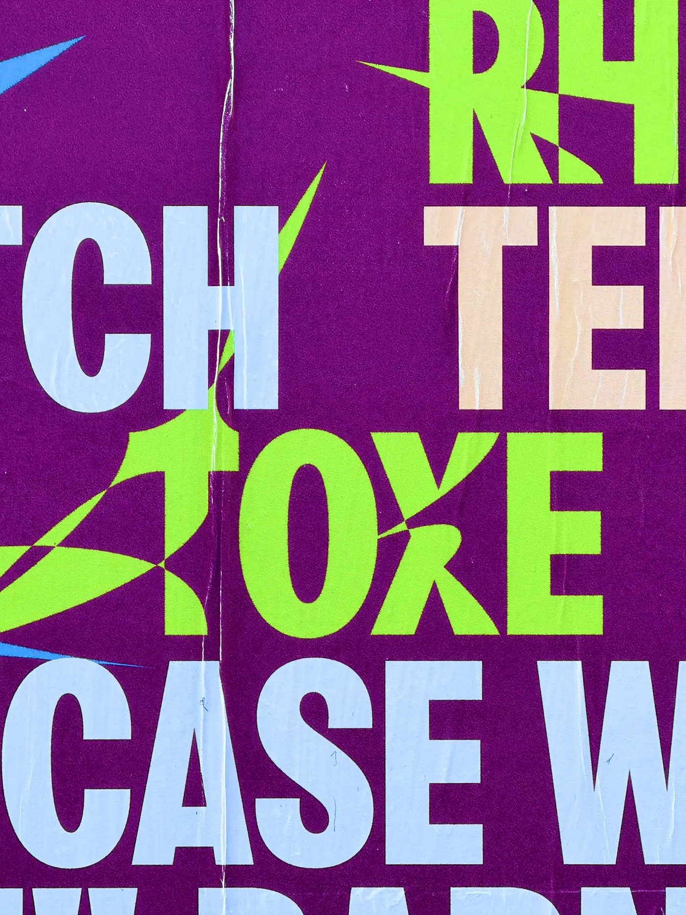 Close-up of a lineup poster, Toxe and Scraaatch in lime and sand on plum