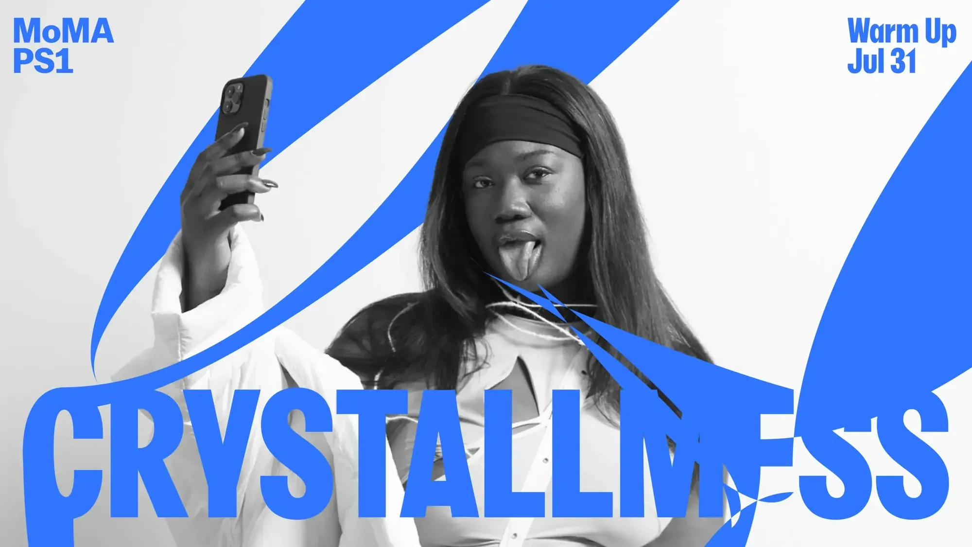 Crystallmess artist graphic in blue over a black and white portrait