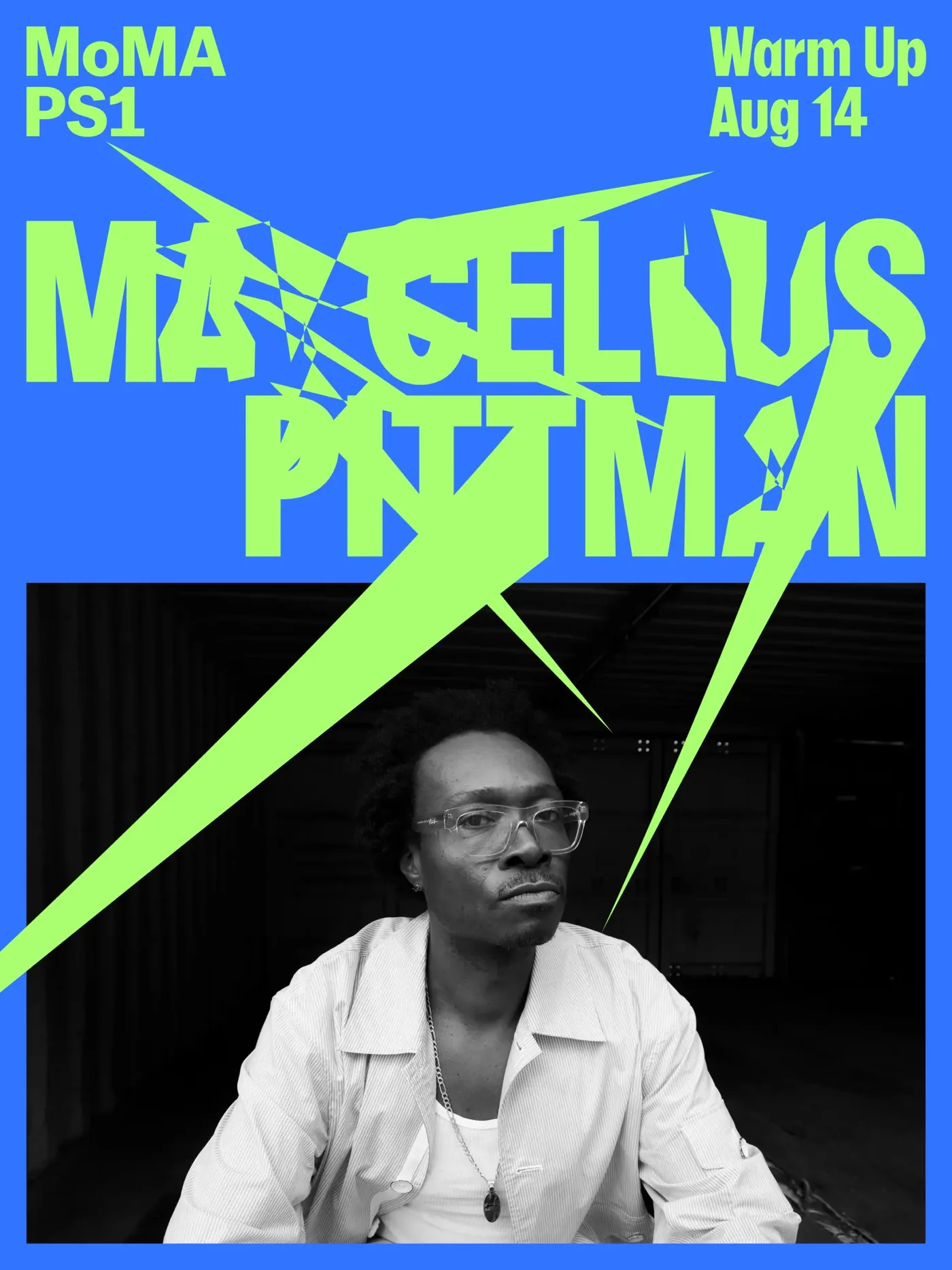 Marcellus Pittman artist poster, lime on blue