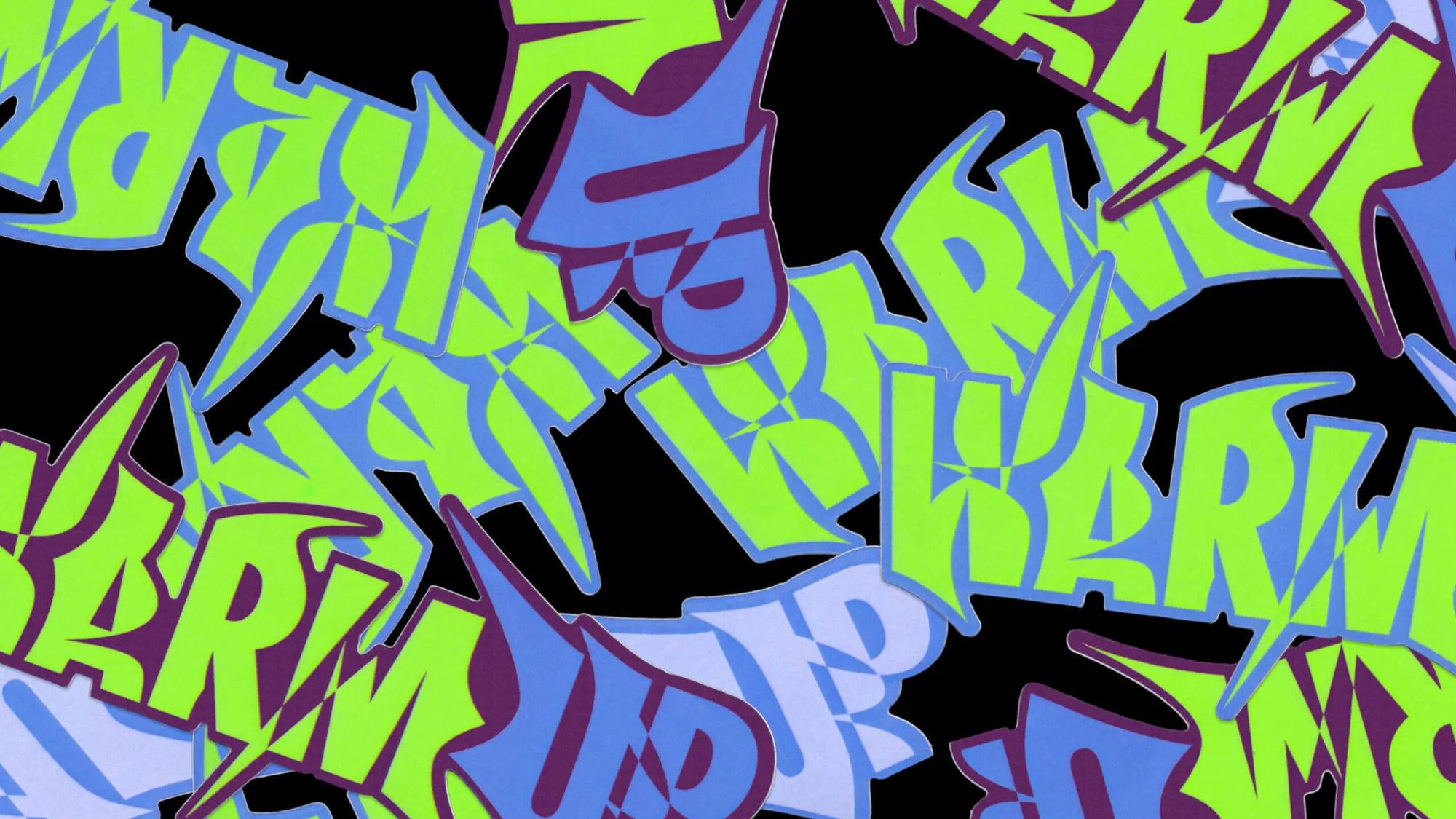 Warm Up pattern of tumbling wordmarks in lime and blue on black