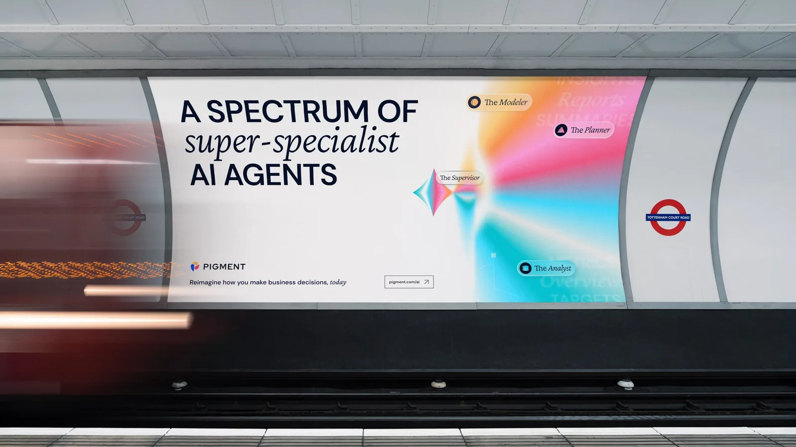 Out-of-home tube ad for Pigment AI: A spectrum of super specialist agents