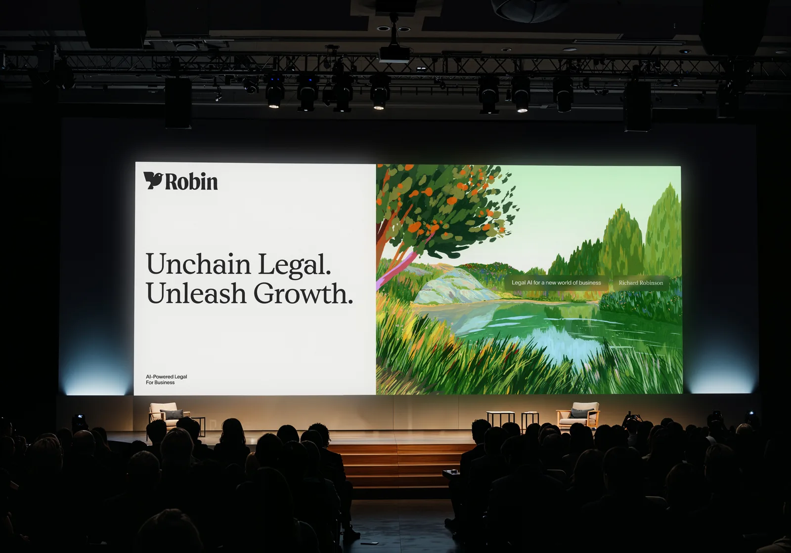 Robin on a conference screen: Unchain Legal. Unleash Growth.