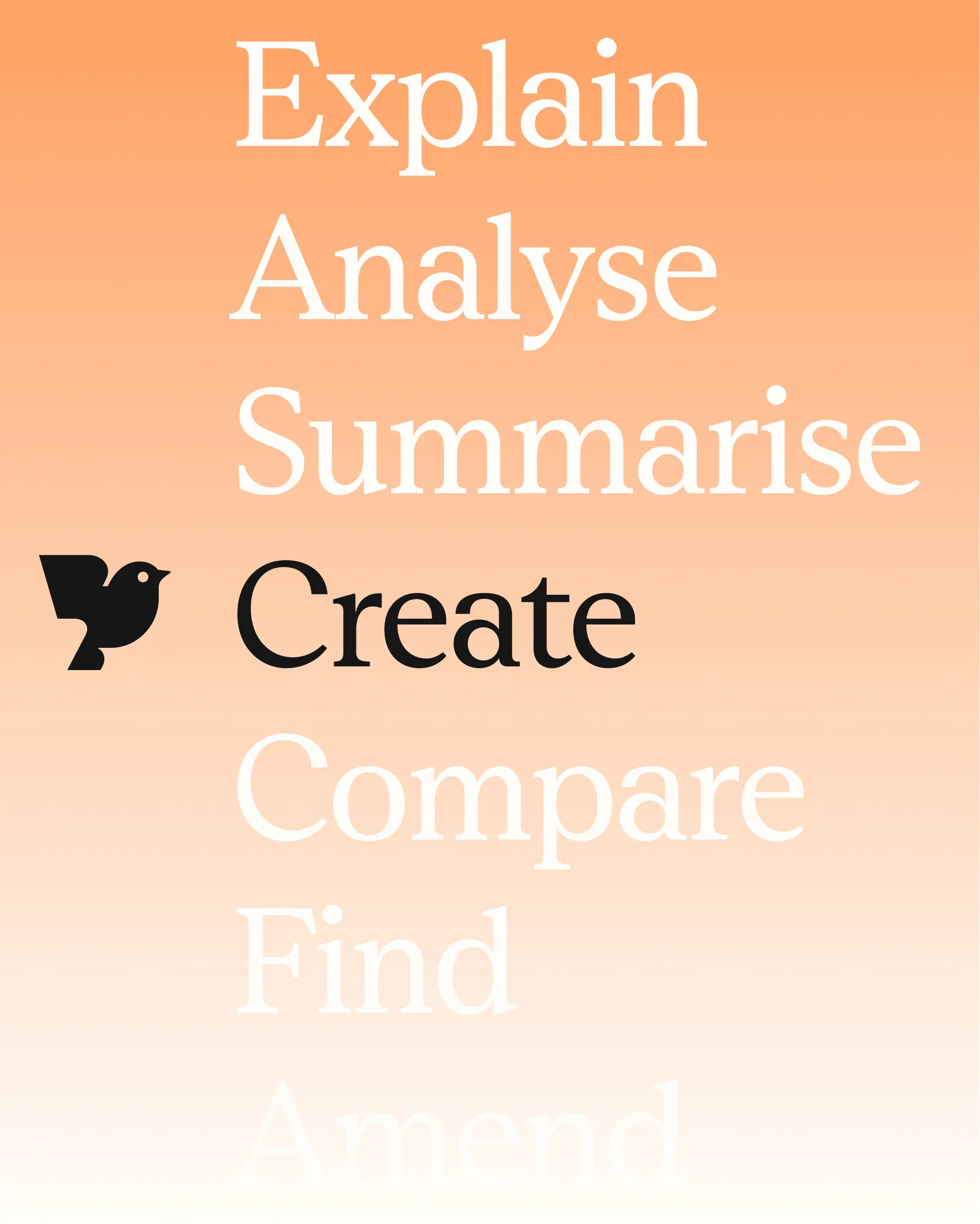 Robin product verbs: explain, analyse, summarise, create