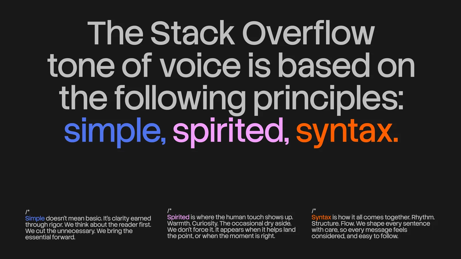 Stack Overflow tone of voice: simple, spirited, syntax