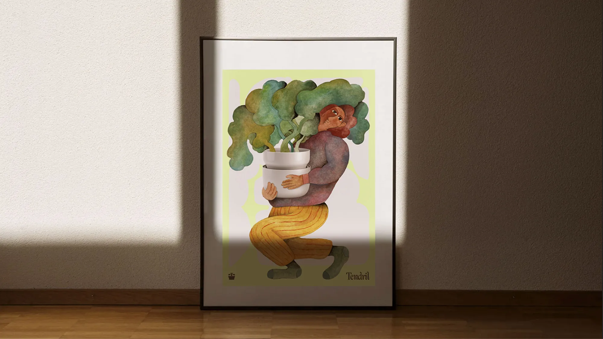 Framed Tendril illustration poster leaning against a wall