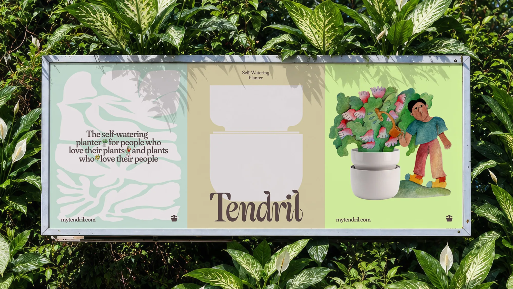 Tendril billboard among plants with the planter and an illustrated character
