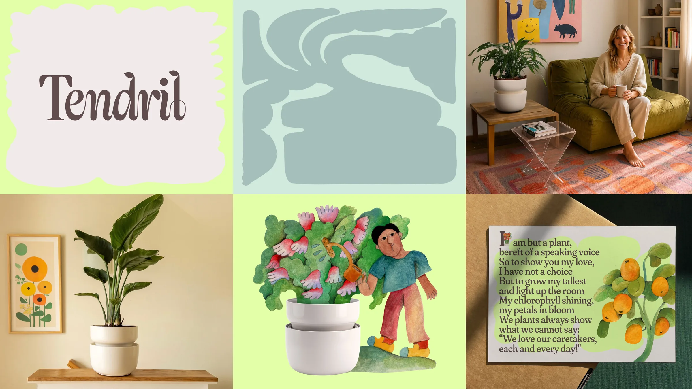Tendril brand overview: wordmark, water shapes, illustration, verse and product photography