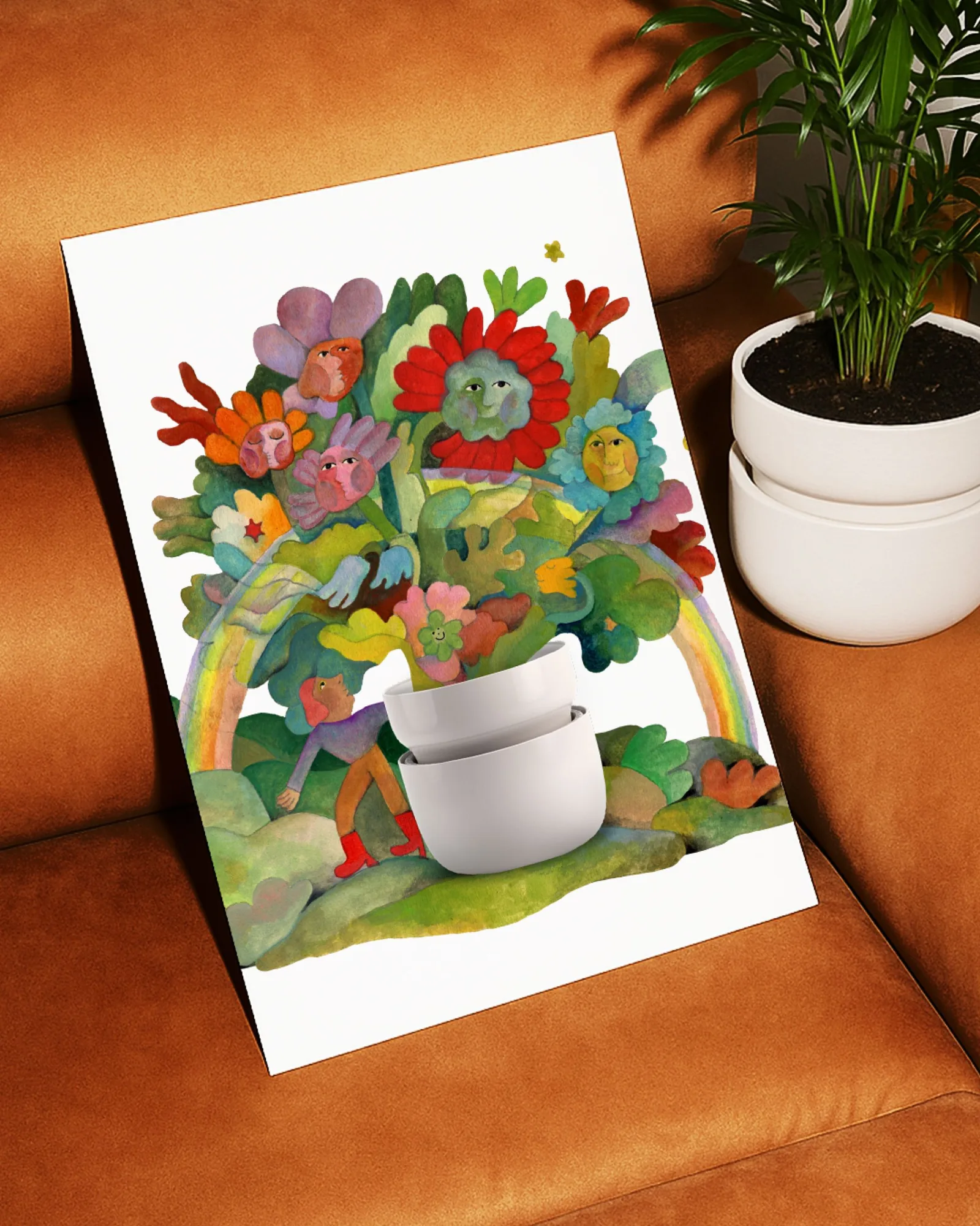 Tendril watercolour print by Audrey Helen Weber on a leather sofa