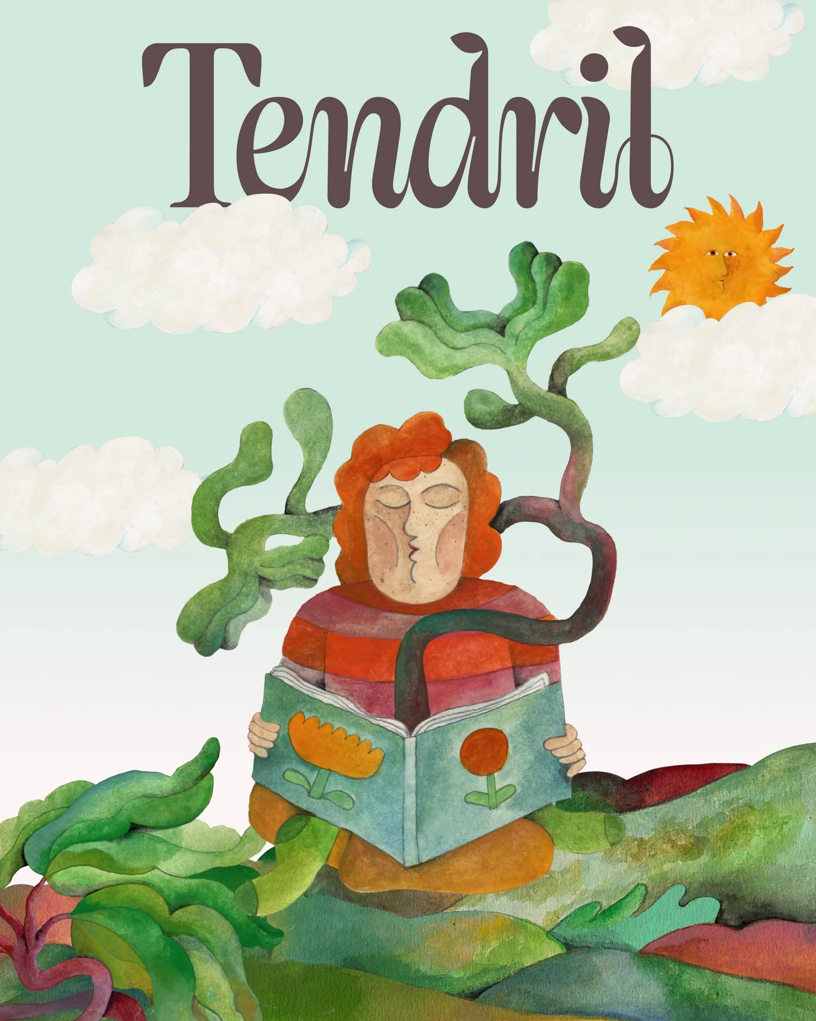 Tendril poster with the wordmark over a watercolour character reading among plants