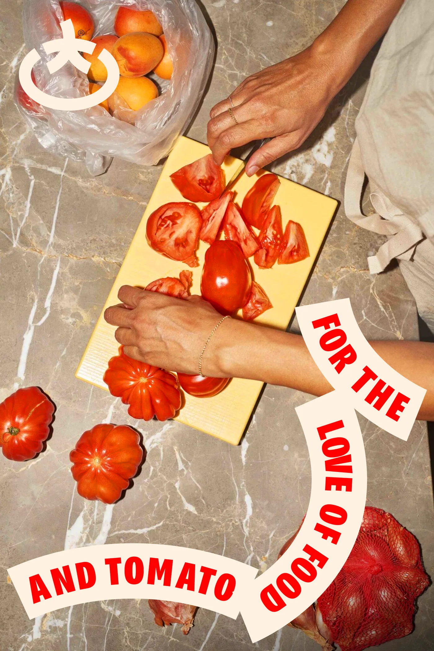 Toomato poster: tomatoes cut on a board with the cream ribbon of type