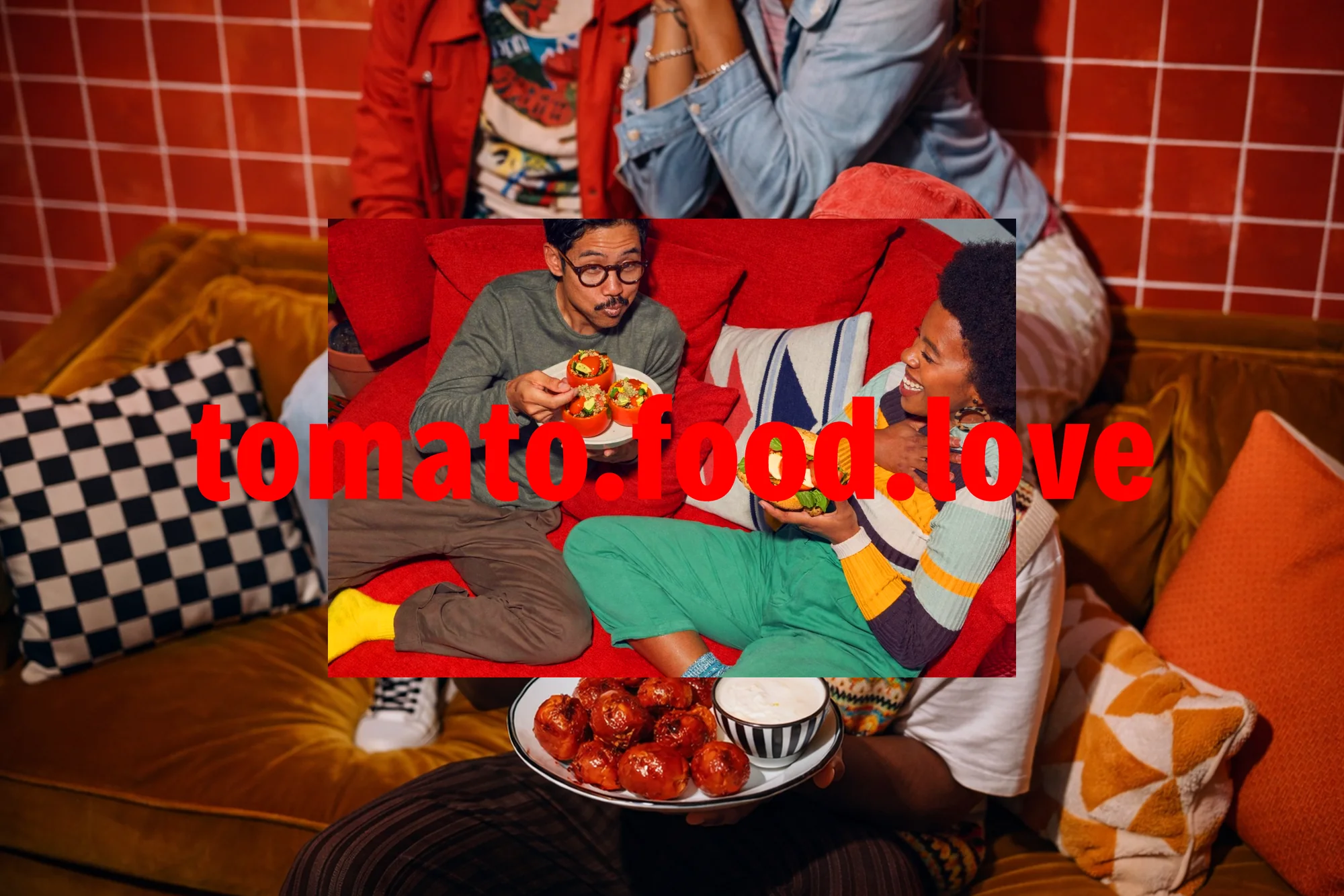 Friends sharing food on a sofa with the tomato.food.love line