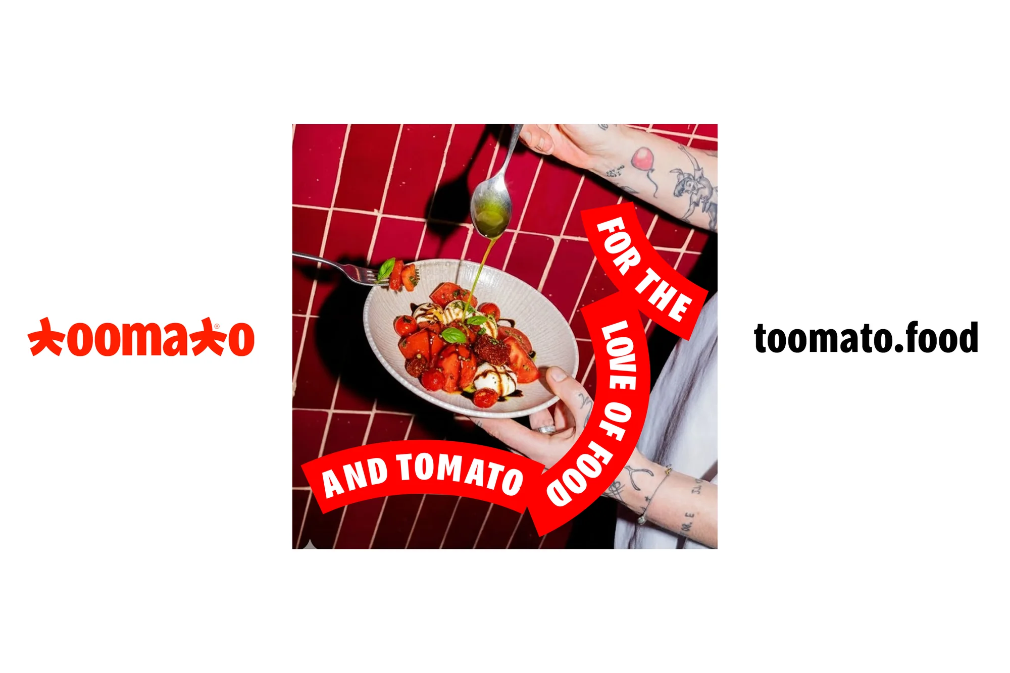 Toomato wordmark, a pasta photo wrapped in the ribbon of type and the toomato.food address