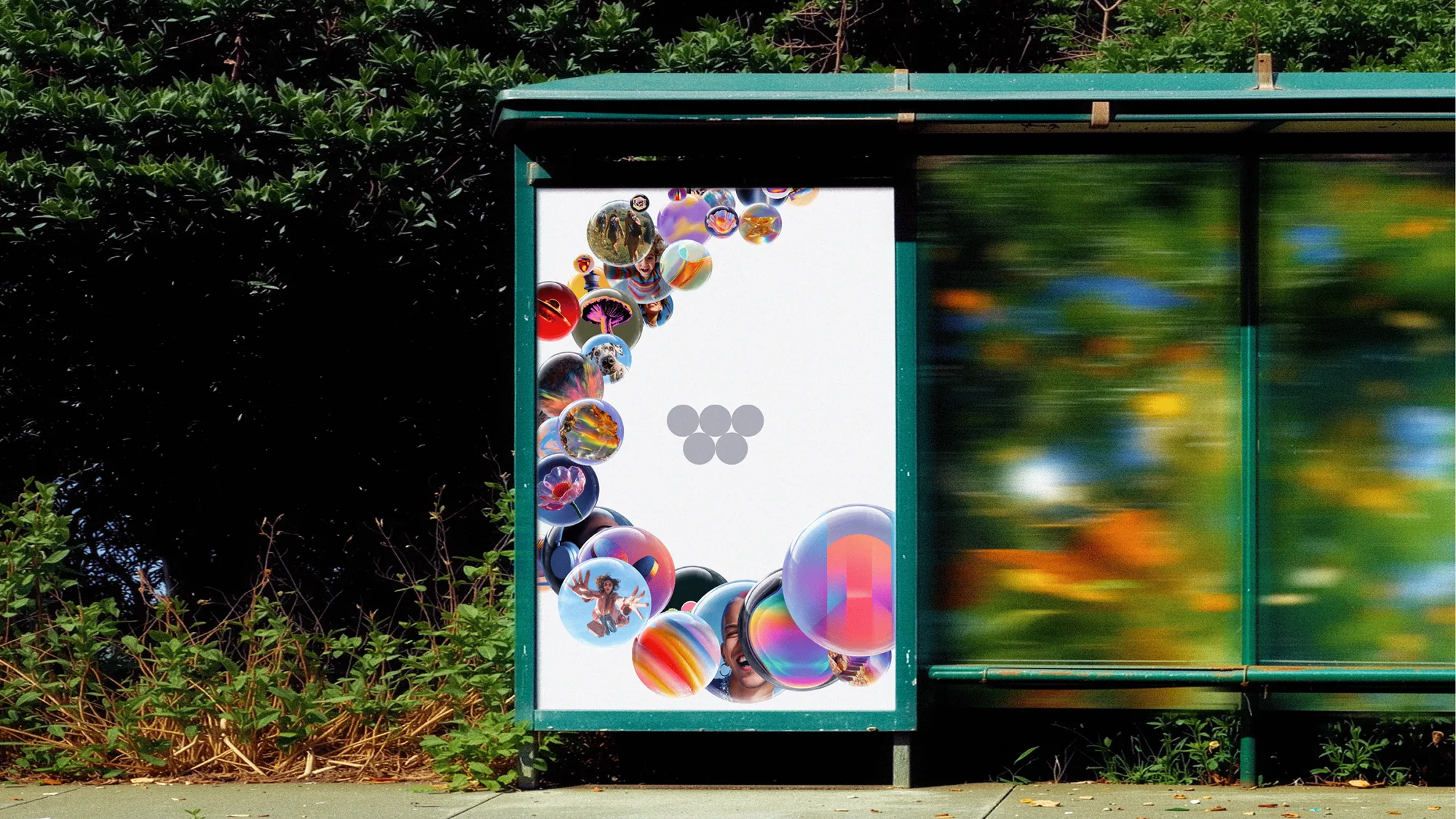 Wabi poster with a cascade of orbits in a bus shelter