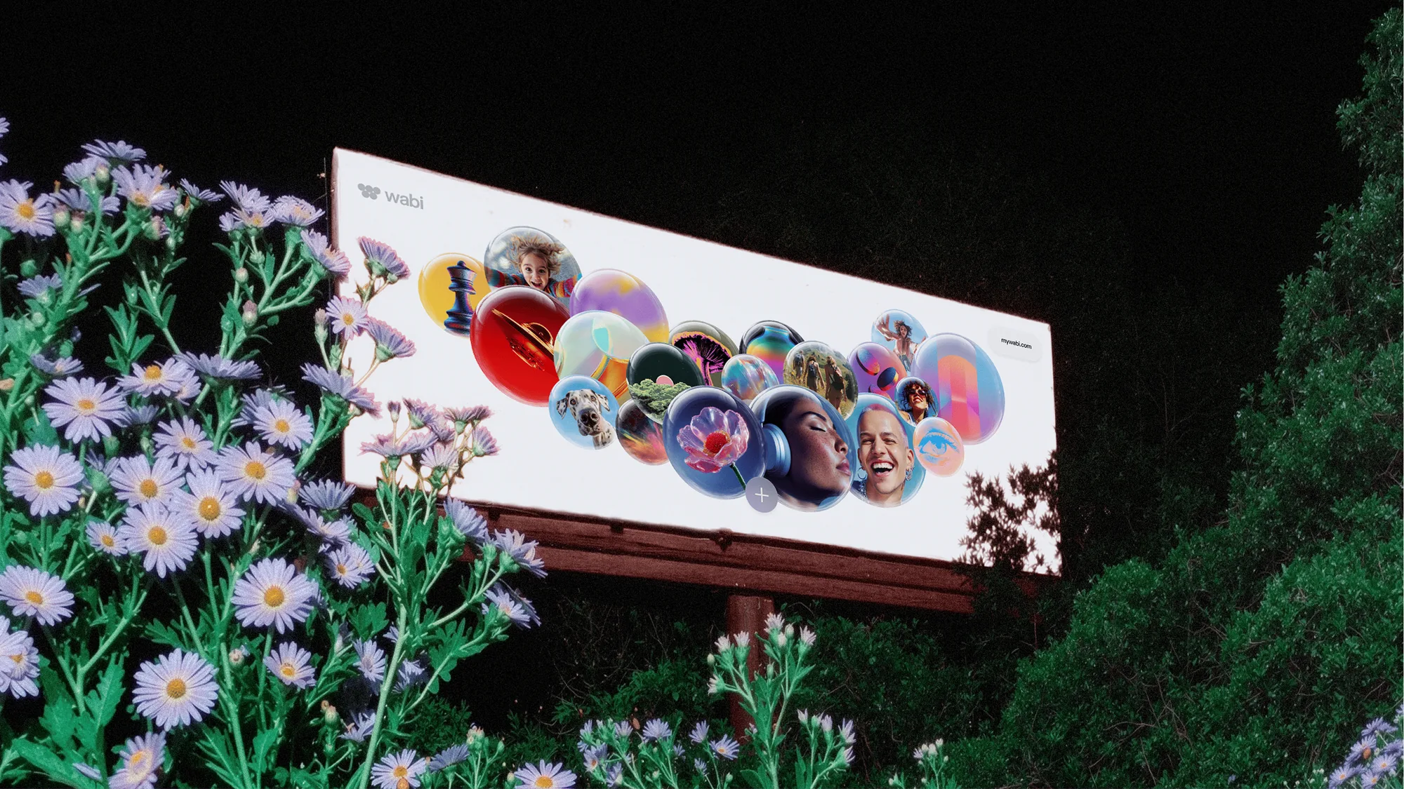 Wabi billboard at night behind wild asters