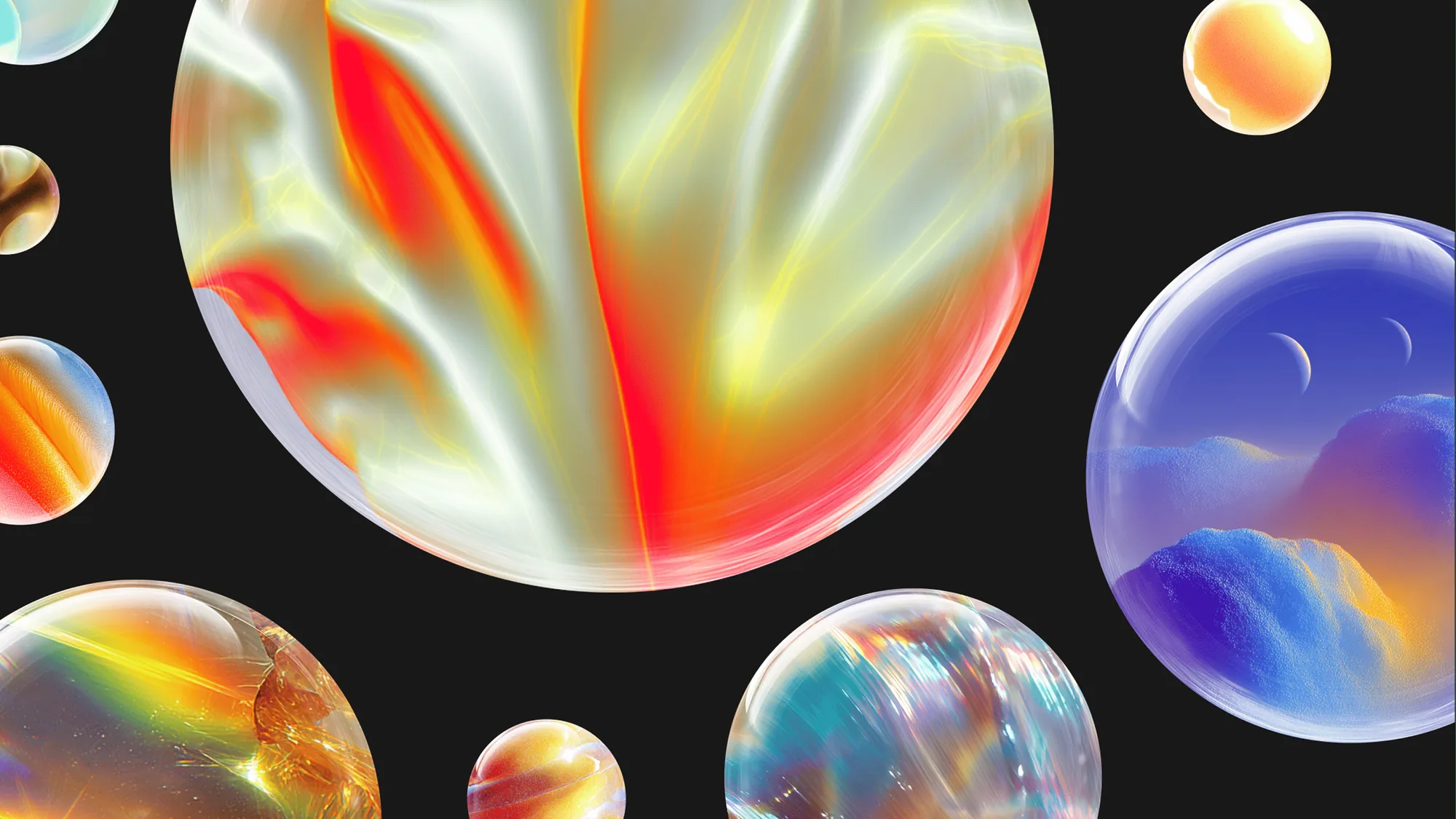 Glossy orbits with swirling generated imagery on black