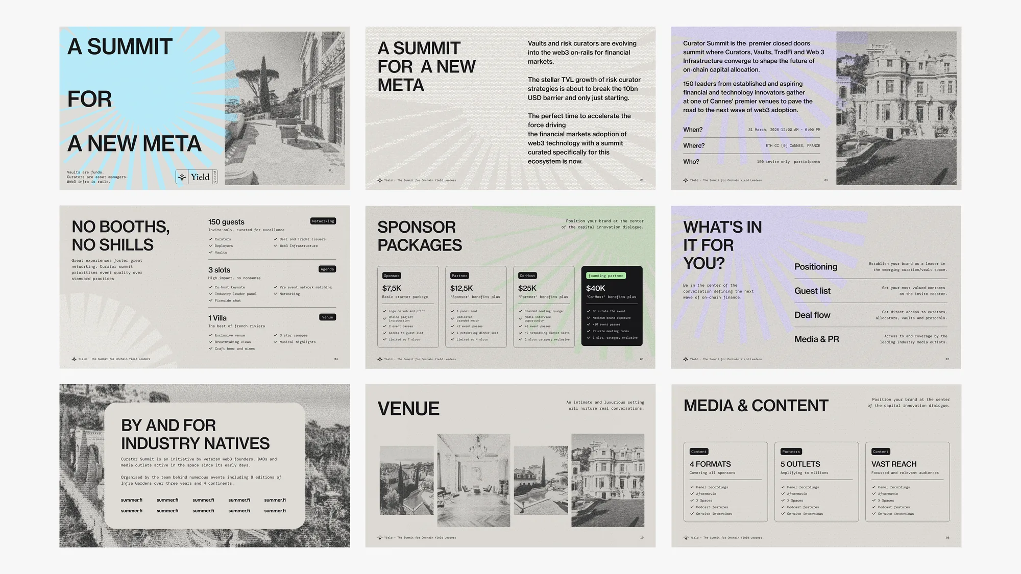 Yield sponsor deck pages: No booths, no shills, sponsor packages and the venue