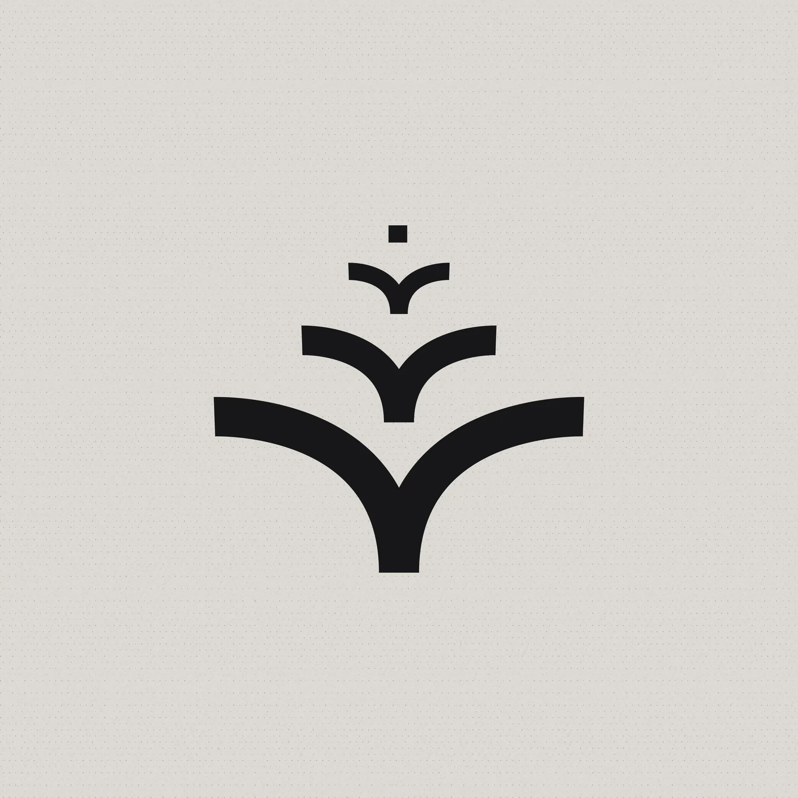 The Yield symbol, a sprouting mark of stacked arcs, on warm grey