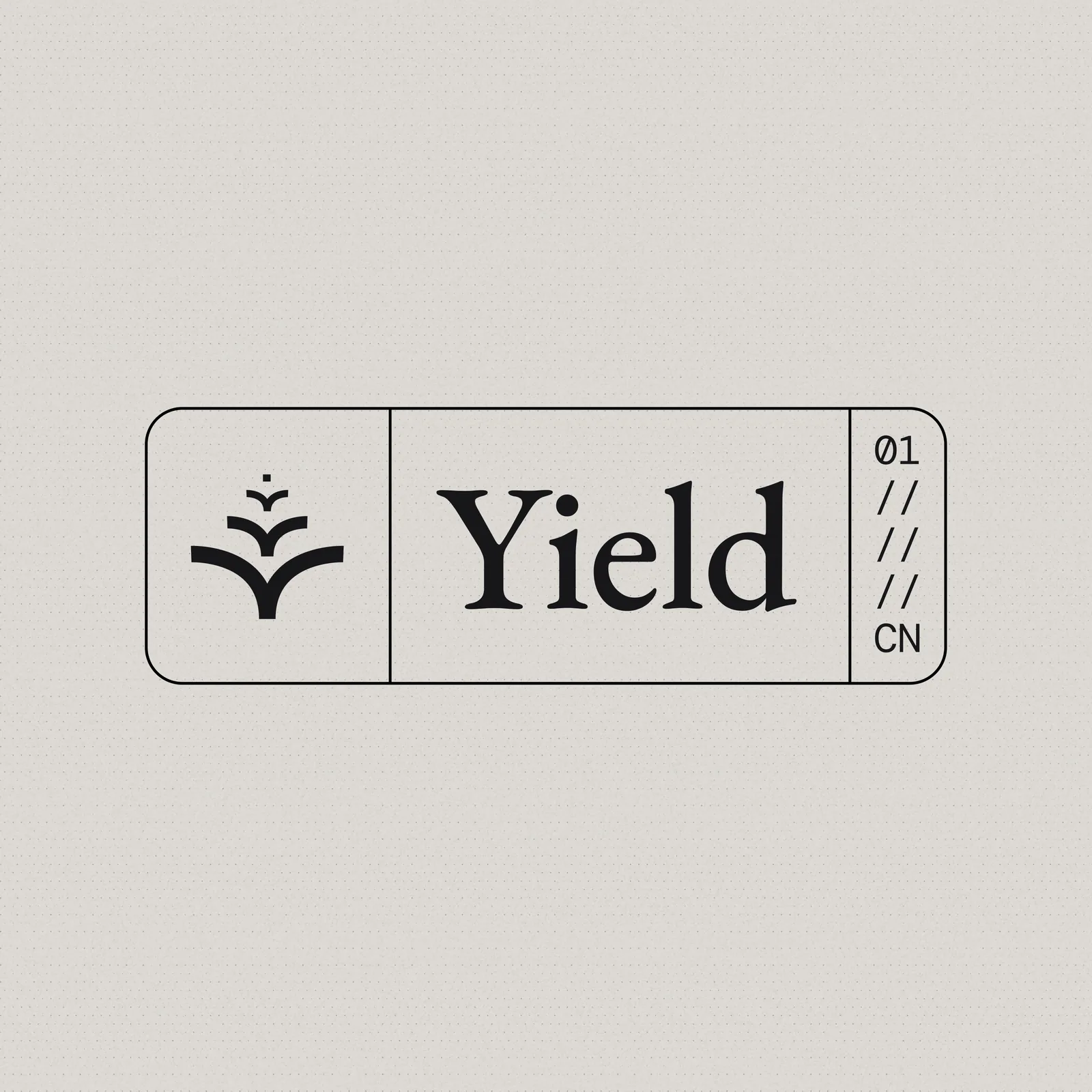 Yield ticket lockup with the symbol, the serif wordmark and the 01 CN edition code