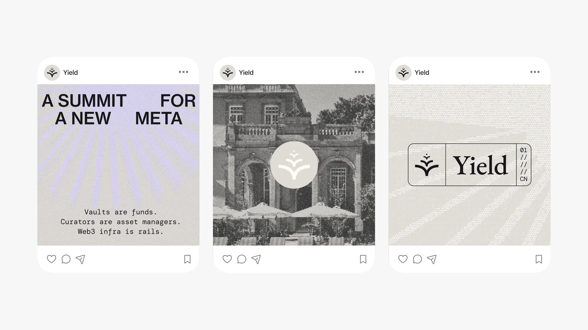 Three Yield social posts with lavender rays, the venue in halftone and the ticket lockup