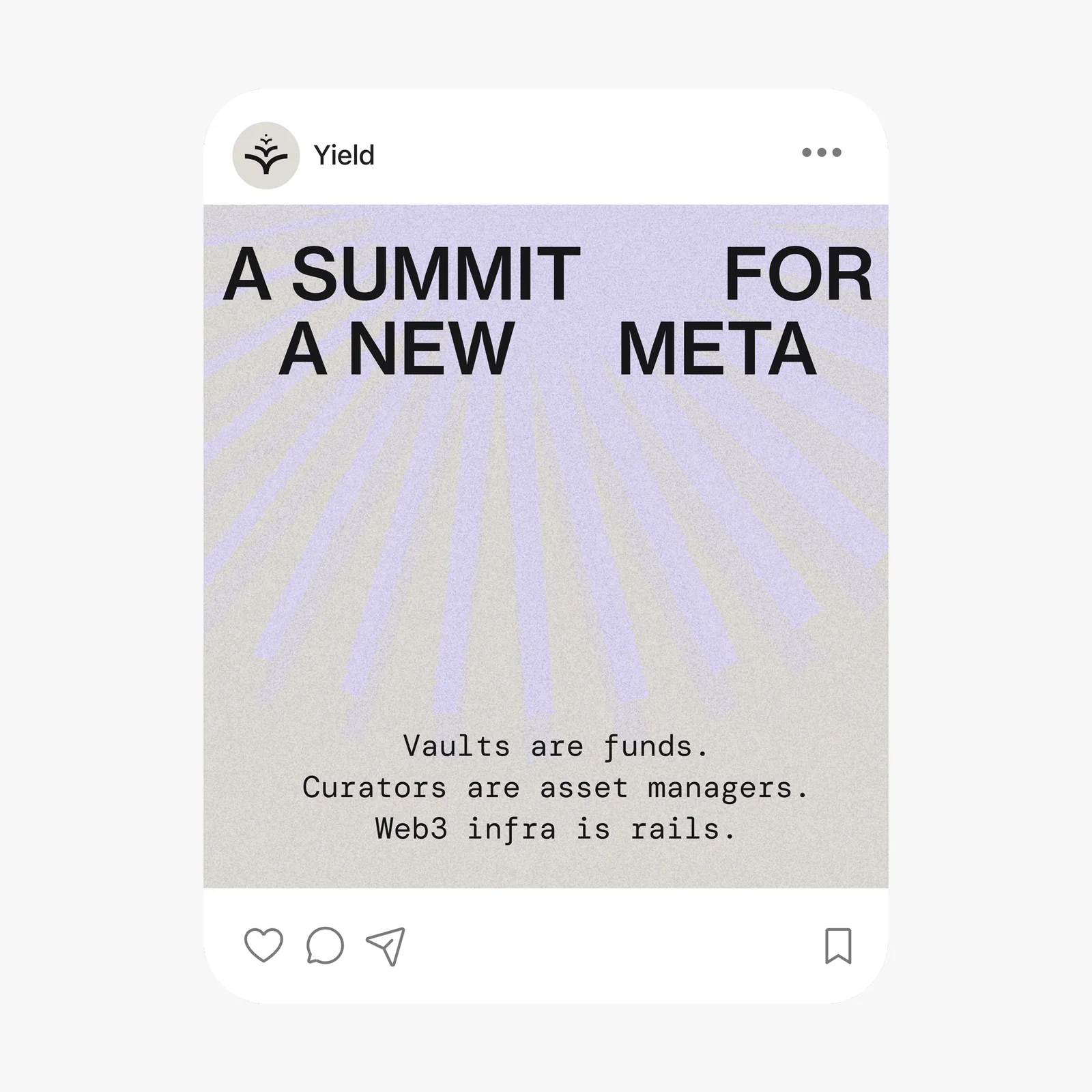 Yield social post with lavender rays and the lines Vaults are funds, Curators are asset managers